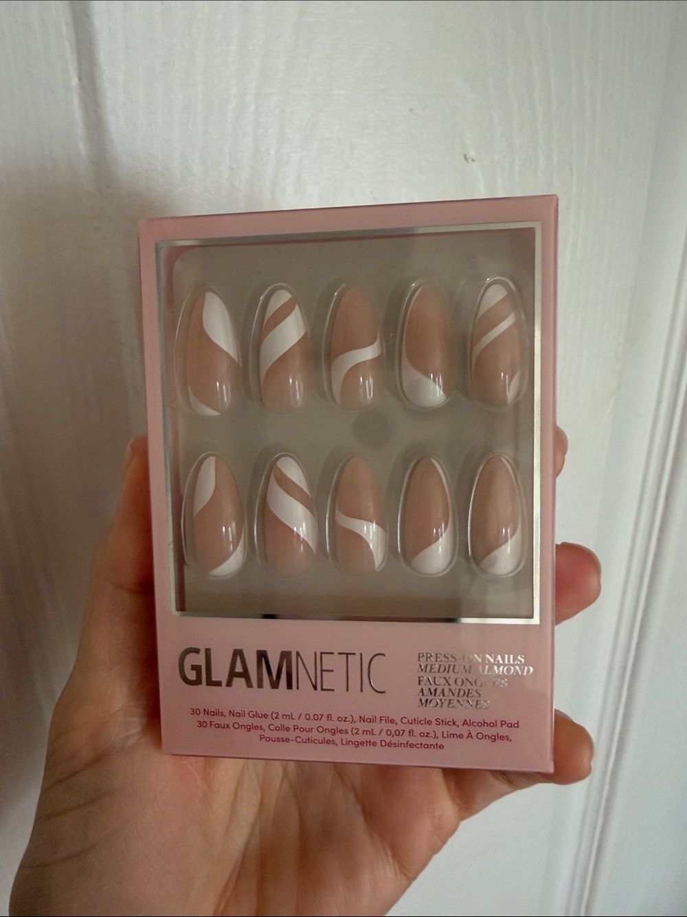 Glamnetic in marshmallow swirl Nude & White Press-On Almond Nails - 30 Pack